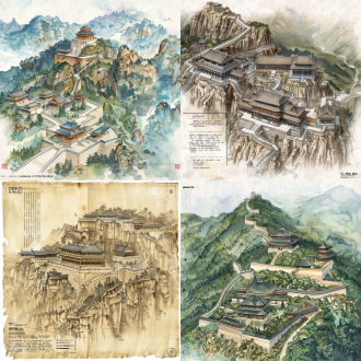 请绘制阿房宫图（不需要在图像上标注文字！） 地理布局 宫殿与骊山的关系：阿旁宫从骊山北边建起，顺着山势蜿蜒向西，一直延伸到咸阳。整个宫殿群犹如一条巨龙盘踞在骊山之巅，与山势完美融合，展现出一种雄伟而自然的美感。 依山建筑的层次感：宫殿建筑群随着骊山的山势逐级升高，形成阶梯式的布局。从山脚到山顶，宫殿层层叠叠，错落有致，既充分利用了地形，又增加了建筑的层次感和立体感。 山体与建筑的融合：骊山的山体被巧妙地融入到阿旁宫的建筑之中，山岩直接作为宫殿的基石。这种设计不仅增强了建筑的稳固性，还使宫殿与山体浑然一体，仿佛是从山中自然生长出来的一样。 建筑特征 随山势而建的结构：阿旁宫的建筑结构充分考虑了山地地形的特点，采用了依山而筑的方式。建筑的墙体和柱子根据山势的起伏进行调整，使得整个建筑群在高低不平的山地上依然保持稳定和协调。 独特的建筑形式：为了适应山地环境，阿旁宫采用了多种独特的建筑形式。例如，一些宫殿建在山脊之上，形成“空中楼阁”的效果；还有一些宫殿依附于山崖，利用山体的自然形态作为建筑的背景和支撑。 江河山川布局 河流与山脉的互动：渭水和樊川两条河流从阿旁宫附近缓缓流过，它们不仅为宫殿提供了水源，还与骊山的山势相互呼应，形成了一幅山水画卷。河流在山谷间穿梭，与宫殿的建筑相互映衬，增添了景色的层次感和美感。 水景与山地建筑的结合：在阿旁宫内，一些水景如人工湖、溪流等被巧妙地布置在山坡上或山谷间。这些水景不仅为宫殿增添了灵动的气息，还与依山而建的建筑相互配合，营造出一种和谐自然的氛围。