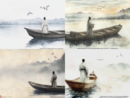 请绘制陶渊明《归园田居》图（不需要在图像上标注文字！） 场景一：辞官归乡·舟行鄱阳湖 脉络定位：全诗情感的起点，展现陶渊明挣脱官场樊笼、回归自然的决绝与豁然。 画面解析： 湖面轻舟摇曳，陶渊明立于船头，衣袂随风飘动，背景是苍茫的鄱阳湖与远山（参考“挂冠解绶，鄱阳湖上归帆”的记载）。 色调以青灰与淡蓝为主，表现清晨薄雾与湖水的清冷感，象征脱离世俗的澄澈心境。 提示词： ancient chinese scholar standing on a wooden boat, misty poyang lake, distant mountains, breeze blowing robes, symbolic cranes flying overhead, ink-wash painting style, soft morning light, tranquil atmosphere