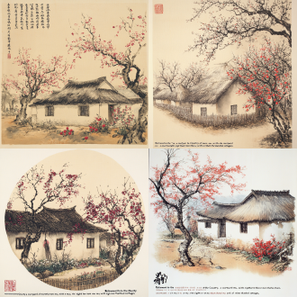 请绘制陶渊明《归园田居》图（不需要在图像上标注文字！） 场景一：归隐田园·茅屋与桃李 关键词： 茅草屋、榆柳成荫、桃李满院、篱笆围栏、简朴农舍、春日花开、绿意盎然、静谧院落 画面描述： 以陶渊明归隐后的居所为核心，展现“方宅十余亩，草屋八九间”的简朴生活场景。画面中，榆树和柳树的枝叶低垂覆盖后檐，桃树与李树在堂前成行绽放，形成红白相间的花海。草屋周围用篱笆简单围合，远处可见农具倚墙而立，凸显田园生活的自然与恬淡113。