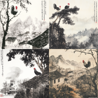 请绘制陶渊明《归园田居》图（不需要在图像上标注文字！） 场景二：远村墟烟·鸡犬相闻 关键词： 远山朦胧、村落炊烟、桑树高耸、深巷犬吠、雄鸡啼鸣、黄昏暮色、水墨渲染、宁静悠远 画面描述： 远景描绘“暧暧远人村，依依墟里烟”的朦胧村落，炊烟袅袅升起，与远山融为一体。近景中，桑树顶端立一只昂首啼鸣的雄鸡，深巷内隐约可见探头的犬影。通过水墨晕染的技法表现暮色中的静谧，以“狗吠深巷中，鸡鸣桑树颠”的动态细节反衬田园的安宁