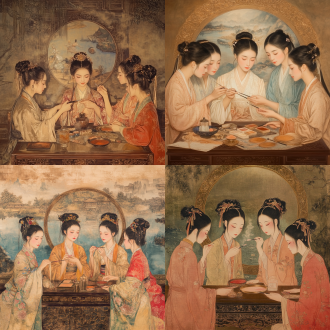 第二组：椒房殿·晨妆时刻（微距镜头）​ ((工笔画质感)), ((胭脂河倒影)), ((檀香氤氲)) 中心：铜镜前四位来自楚越的宫女对镜描眉，菱花镜边缘缠枝纹 动态：左侧宫女将螺黛轻扫过眉峰，右侧正用玉簪绾发髻 环境：梳妆台铺陈蜀锦，琉璃盏盛着玫瑰油，香炉升起青烟形成凤凰形状 特殊：水面倒映天空流云，脂粉盒打开时飘出金色粉雾