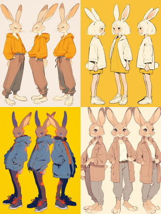 站立兔子线稿三视图，全身展示，正面侧面背面俱全，平涂风格，纯色填充，明亮温暖色调，简洁构图，无背景，清晰线条。 角色设计