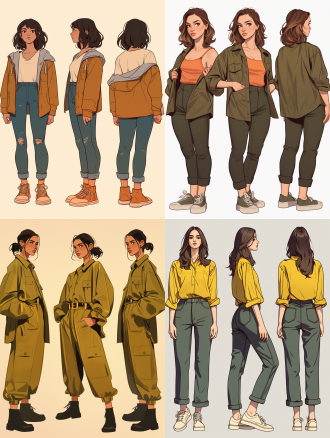 按图创三视图，全身，正面0度、侧面90度、背面180度俱全，平涂风格，纯色填充，明亮温暖色调，见结构图，无背景纯白，线条清晰，角色大小一致，角色设计。 角色设计