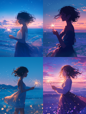 短发女生浅笑，手持烟花棒在沙滩前举，身后大海，海面星空，风乱发裙，三分构图，暖色调，长焦镜头，侧光，动态模糊，浪漫。 天空 腰部以上 侧身 靛蓝 星空 披肩发 黑发