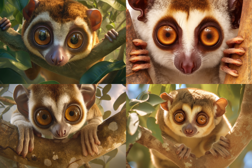 a close-up of an endangered slow loris from indonesia, with large, expressive brown eyes and soft, furry body. the slow loris is perched on a tree branch in its natural, lush jungle habitat. the environment is dense with tropical foliage, vines, and large trees, illustrating its natural nocturnal habitat. the mood is peaceful but with a sense of vulnerability, showcasing the beauty and fragility of this unique species in its native environment.