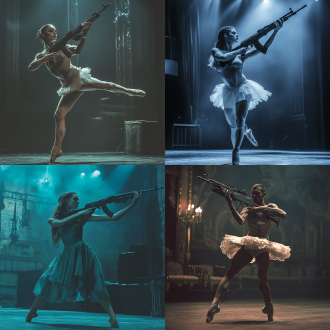 俄罗斯剧场中高挑舞者持突击步枪跳芭蕾，三角构图，冷色调，长焦镜头，顶光，旋转，优雅肃杀。