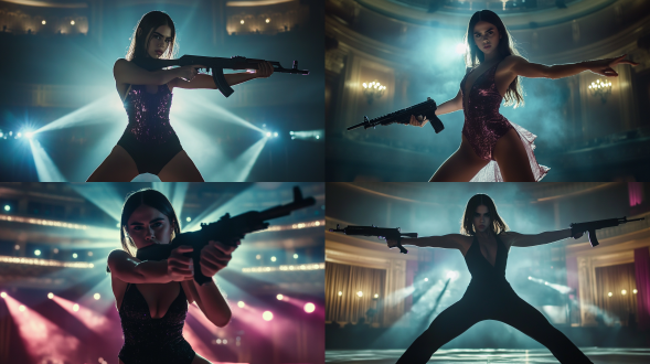 俄罗斯剧场高挑芭蕾舞舞者持突击步枪，对称构图，冷色调，长焦镜头，逆光，旋转，优雅肃杀。