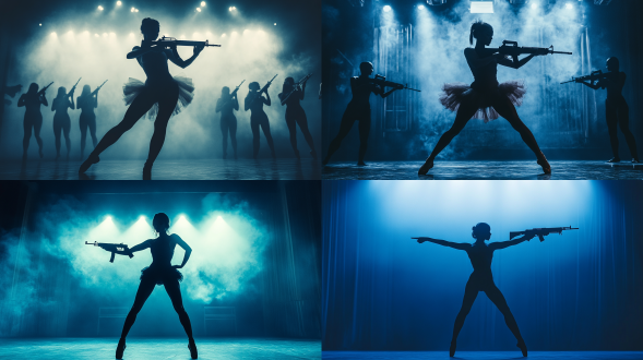 芭蕾舞者持冲锋枪起舞，对称布局，舞台上，冷色调，长焦镜头，顶光，踮脚，队列感，刚柔并济，威严。 电影风格 全身 电影灯光