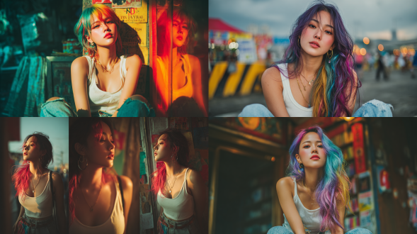 微胖亚洲美少女，白色吊带牛仔紧身裤彩色头发，活力青春，三分构图，户外街道，暖光，长焦，动感姿态，生动表情，亮色。 电影风格 全身 电影灯光 氛围感照明 图书馆背景