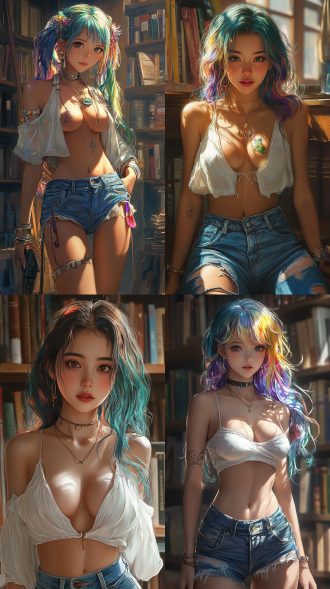 微胖亚洲美少女，白色半透明吊带，紧身牛仔裤，勾勒出超s型身材，活力四射，彩色头发，表情生动。 全身 氛围感照明 图书馆背景