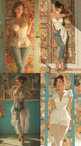 微胖亚洲美少女，白色半透明吊带，紧身牛仔裤，勾勒出超s型身材，全身像，腿型优美，活力四射，彩色头发，表情生动。 全身 氛围感照明 复古室内