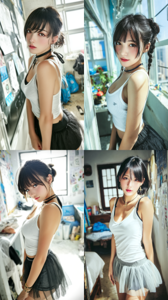 全身像，干练发型，东亚少女感，白色吊带t恤，下身纱裙，侧身动作，活力满满，校园感，雪白的肌肤 阳光照射 教室