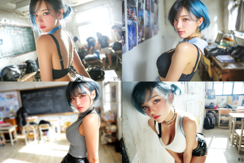 全身像，干练发型，东亚少女感，漫画脸，蓝色短发，黑色皮裤短裤，蓝色半袖紧身毛衣，侧身动作，活力满满，校园感，雪白的肌肤 阳光照射 教室