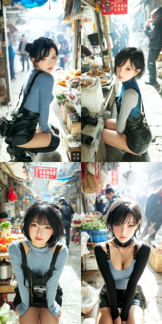 全身像，干练发型，东亚少女感，漫画脸，蓝色短发，黑色皮裤短裤，蓝色半袖紧身毛衣，跪在地摊上，活力满满，校园感，雪白的肌肤 阳光照射 教室