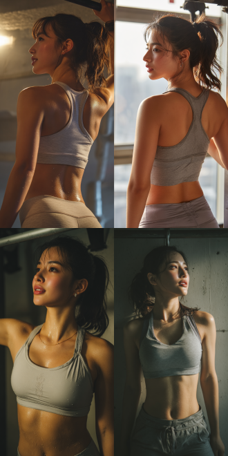 东亚少女健身房做引体向上，浅灰瑜伽裤与运动背心，马尾，肌肉线条明显，三分构图，室内，冷光，特写，活力。