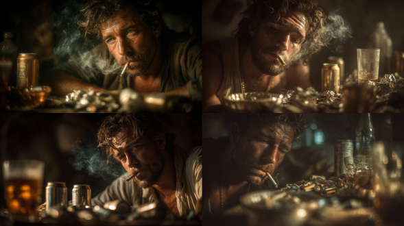 抽烟疲惫亚健康男人，脸色差蓬头垢面，旁有满烟头烟灰缸和捏扁啤酒罐，中心构图，暗调，特写，侧逆光，颓废感。 黑金 电影灯光 摄影纪实