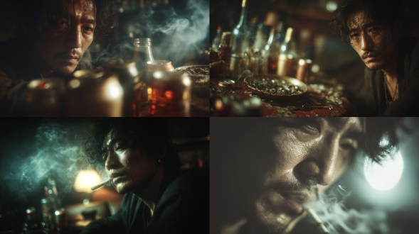 东亚瘦弱男人抽烟，脸色差、蓬头垢面，旁有满烟灰缸和捏扁啤酒罐，中心构图，暗调，特写，侧逆光，颓废感。 黑金 电影灯光 摄影纪实