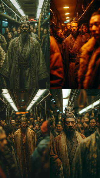 秦始皇样貌古人站公交，着古装霸气无奈，对角线构图，暖黄调，广角镜头，顶光，人群拥挤有序，紧张又荒诞。 黑金 电影灯光 摄影纪实 全身