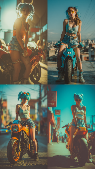 布尔玛现代装，吊带t恤牛仔短裤，s身形骑未来摩托全身像，三分构图，城市街道，冷色调，长焦镜头，逆光，动感，时尚。 电影风格 全身 自然照明