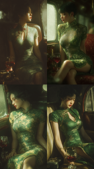 中国成熟魅力美女似艾达王，着绿旗袍坐豪车持红酒，侧低角全身像，3d风格，暖光软影，细节丰富。 电影风格 全身 光粒子
