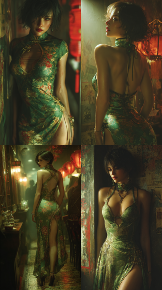 中国成熟魅力美女似艾达王，着高开衩绿旗袍全身像，侧低角3d视角，暖光软影，细节丰富，写实风，优雅，自信。 电影风格 全身 夜总会照明