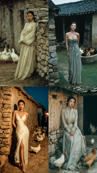 在一片安详的中国南方乡村图景中，一名女超模，薄纱覆盖，大长腿，皮肤白皙，姿态优美，站在看起来斑驳陈旧的农村土坯墙旁边，有石磨和鸡鸭。干净的躯体与乡村的陈旧形成鲜明对比。 全身 电影灯光 沃霍尔