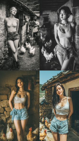 在一片安详的中国南方乡村图景中，超模，浅色牛仔紧身短裤，吊带背心，s型身材，皮肤白皙，姿态魅惑，站在看起来斑驳陈旧的农村土坯墙旁边，有石磨和鸡鸭。干净的躯体与乡村的陈旧形成鲜明对比。 全身 电影灯光 沃霍尔