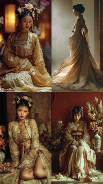 唐朝的古装薄纱，东方美女，清雅魅惑。 全身 米色 环境光 汉服