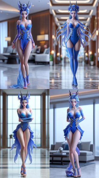 干净的豪华酒店内，参考图角色各种动作身姿，动态，表情细腻。 全身