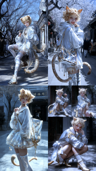 猫系美女穿浅色薄衣，日系清新风，三分构图，校园环境，定焦镜头，逆光，微笑，灵动，暖黄与淡蓝配色。