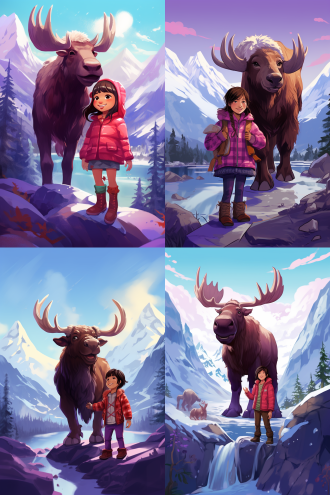 character design contest winner, moose, purple tunic, in the swiss alps, leonard nimoy, cute art style, by nathan wyburn, towering above a small person, very long bangs, fuchsia and blue, by natasha tan, adventuring party, red shirt brown pants, inuit