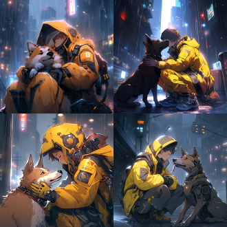 身着机甲的少年在洁白的月光下轻轻的摸着一条黄色的狗 极高分辨率 游戏cg 在赛博朋克城市 月亮 夜晚