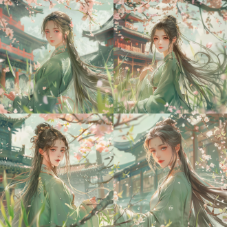 古典美女全身着汉服长发飘飘站在中国古建筑前的草地桃花中，画面清新，大眼睛有滴泪痣，中心构图，高像素，明亮，柔焦，古风。 梦境 半身 自然绿 声之形 柯比 村田雄介 工匠建筑 汉服