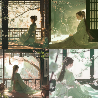 少女身穿绿色汉服坐桃花亭思念远方丈夫，全身像，插画风格，画质清晰明亮像素高，亭中，桃花，暖色调，柔和光，忧愁。 梦境 半身 自然绿 声之形 柯比 村田雄介 工匠建筑 汉服