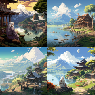 白头发，白胡子，道士，太极，木质小屋，高山流水，亭子，中国风，像素高 宫崎骏 农田 全身 工匠建筑