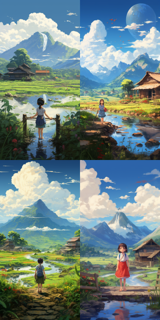 小女孩，建筑工人，木质小屋，高山流水，亭子，中国风，像素高 宫崎骏 农田 全身 工匠建筑