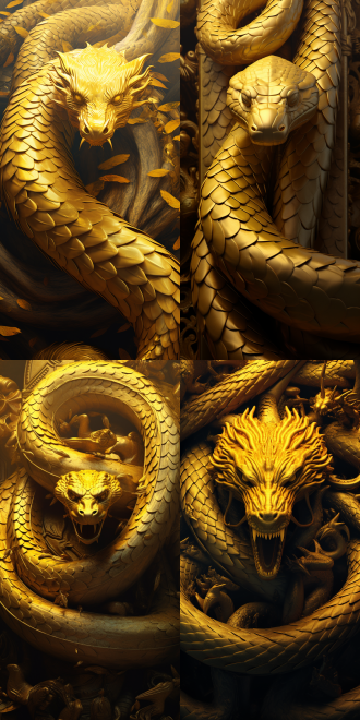 一条金色的蛇，2025，封面，动物，大气，高像素，形象 极限特写 黄 黄金 古代中式 工匠建筑 中国凤凰