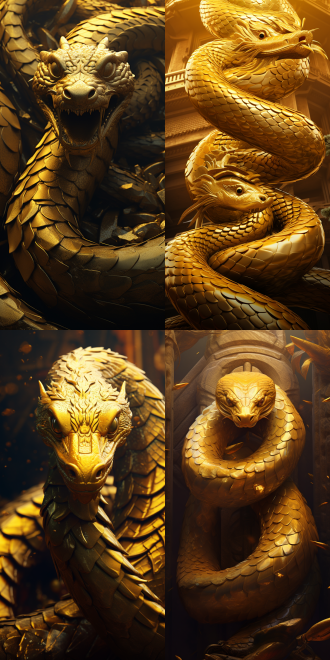一条金色的蛇，2025，封面，动物，大气，高像素，形象，可爱 极限特写 黄 黄金 古代中式 工匠建筑 中国凤凰