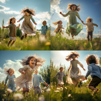 两个小朋友在户外草地上，姐姐示范跳高动作轻盈，妹妹专注观看，三分法构图，自然光，广角镜头，清新色调，生动，温馨。