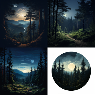 明月高悬于松林之间，全景构图，静谧氛围，山林环境，长焦镜头，柔和月光照明，宁静色调，虚实结合，清幽，雅致。