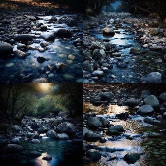 清泉石上流，月光下，三分构图，山林间，静谧风格，长焦镜头，侧光，柔和色调，水流潺潺，清冷，石头纹理清晰。