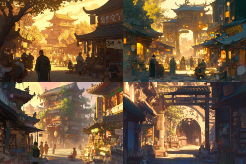 构图思路：全景镜头，捕捉夕阳下的亳州市井。药铺的招牌和药农的摊位排列在街道两旁，金色的余晖洒在石板路上，形成对比鲜明的光影效果。 分镜描述： •药农们在摊位前忙碌，叫卖声和药香交织在一起。 •孩子们在古树下围成一圈，孙慈老人坐在中间，开始讲述故事。