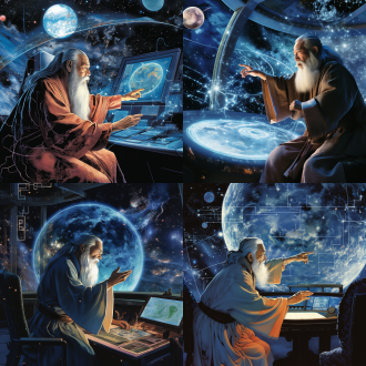 在太空宇宙飞船内部，一个中国人白胡子长袍智慧老人指着蔚蓝色的显示屏，正在教导一个中国少女，占星术，屏幕里显示天狼星系 星球 七星连珠，顶舱外是闪烁的星空远景，屏幕和飞船具有太空科技感，未来感，科技仓，两人面对屏幕，远景，飞船内部很空旷，白色墙壁，色彩丰富明亮，低饱和度，清澈透明的墙壁和屏幕，y2k美感，明亮色彩，高细节级别，逼真照片，光线明亮。