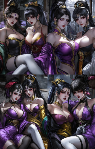 两位年轻绝世美女全身照，瓜子脸五官正皮肤白身材苗条，高马尾，黑丝袜白丝袜，全身构图，色彩饱和，8k画质，时尚元素，浪漫氛围，长焦镜头，柔和光。