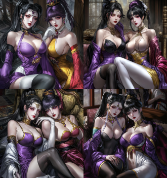 两位年轻绝世美女全身照，瓜子脸五官正皮肤白身材苗条，高马尾，黑丝袜白丝袜，全身构图，色彩饱和，8k画质，时尚元素，浪漫氛围，长焦镜头，柔和光。