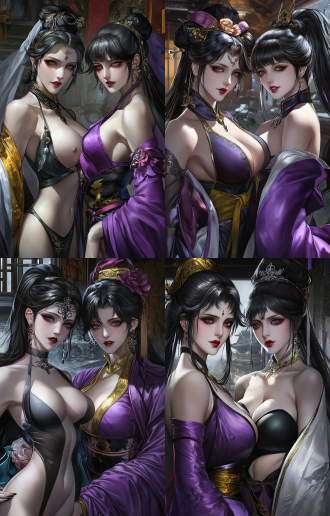 两位年轻绝世美女全身照，瓜子脸五官正皮肤白身材苗条，高马尾，黑丝袜白丝袜，全身构图，色彩饱和，8k画质，时尚元素，浪漫氛围，长焦镜头，柔和光。