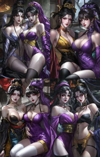 两位年轻绝世美女全身照，瓜子脸五官正皮肤白身材苗条，高马尾，黑丝袜白丝袜，全身构图，色彩饱和，8k画质，时尚元素，浪漫氛围，长焦镜头，柔和光。