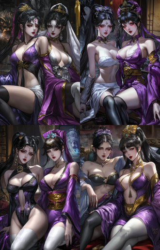 两位年轻绝世美女全身照，瓜子脸五官正皮肤白身材苗条，高马尾，黑丝袜白丝袜，全身构图，色彩饱和，8k画质，时尚元素，浪漫氛围，长焦镜头，柔和光。