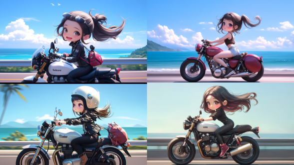 美少女骑摩托车在海边沿海公路奔驰，侧影构图，大海作背景，复古风，超广角镜头，逆光，动态模糊，活力，清新色调，洒脱。