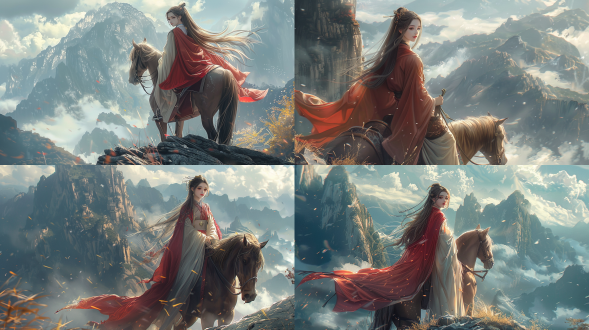 古风女孩，站在雪山之巅，身披红色斗篷，骑着棕色马，马匹抬头嘶鸣
